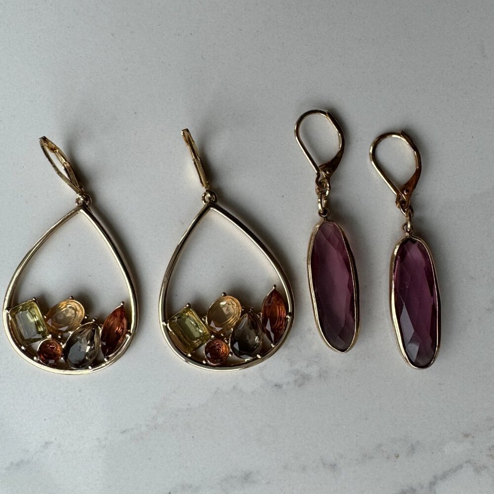 2 Anne Klein Gold-Tone Dangle Earrings – Teardrop Gem Cluster & Lavender Glass - Picture 11 of 14